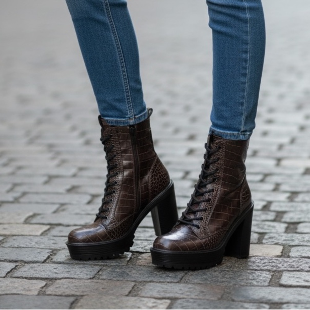 Guess Chocolate Croc Lace-Up Boots-NWOT